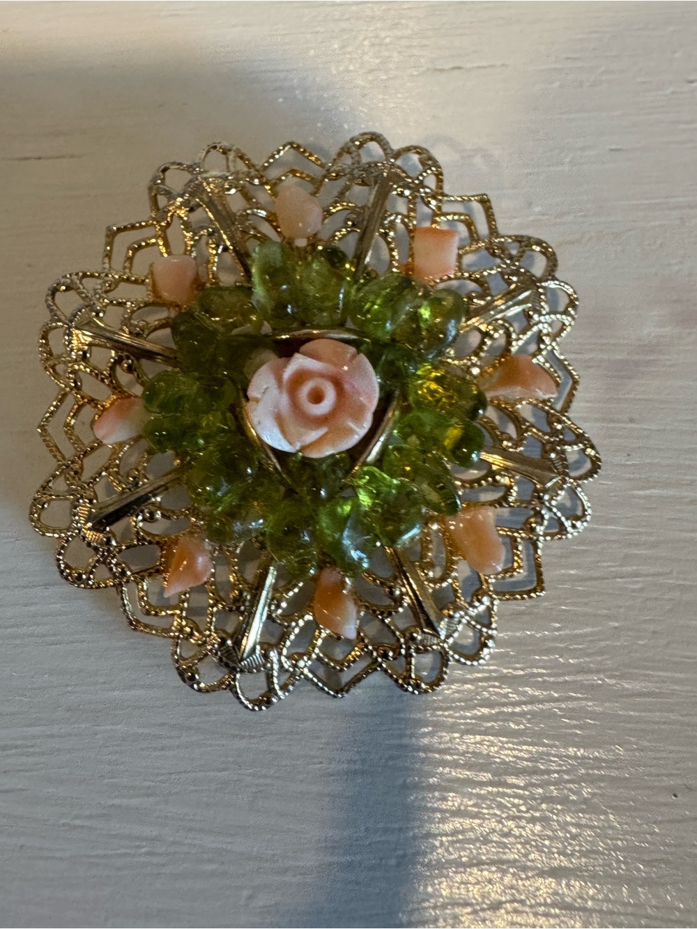 Gold Filigree Floral Brooch with Peach and Green Accents - Picture 2 of 9